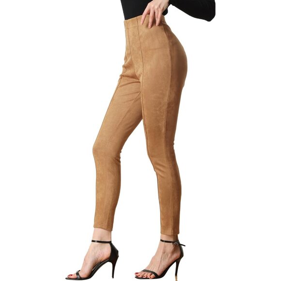Brown High-Waisted Stretch Leggings in Faux Suede - Perfect for Work & Play
